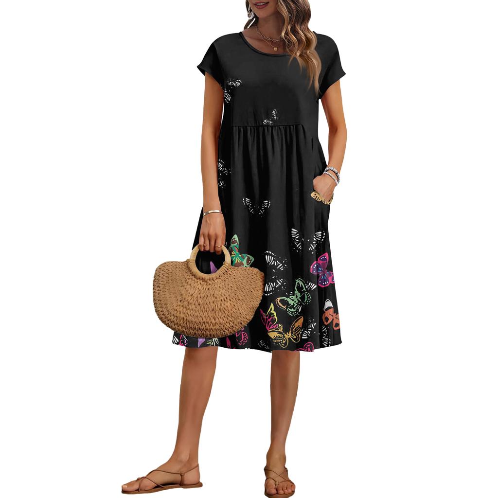 Damen Sommer Mode Lässig Rundhals Kurzarm Blumenmuster Kleid