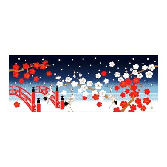 Hamamonyo Tenugui Hand Towel - Red and White Plum Blossoms and Snow - 100% Cotton, 34cm x 90cm