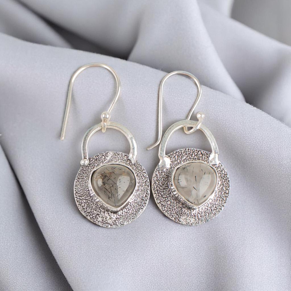 Natürlicher Schwarzer Rutil Edelstein 925 Sterlingsilber Handgefertigte Hängeohrringe 1,30" EE-63-25