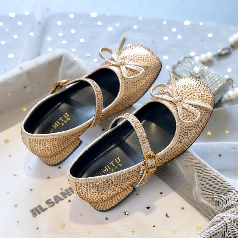 2026 new little girl leather shoes with dress soft sole children's crystal shoes single shoes