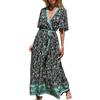 Damen V-Ausschnitt Schnürung Bedrucktes Bohemian Kleid Blumen Kurzarm Langes Kleid