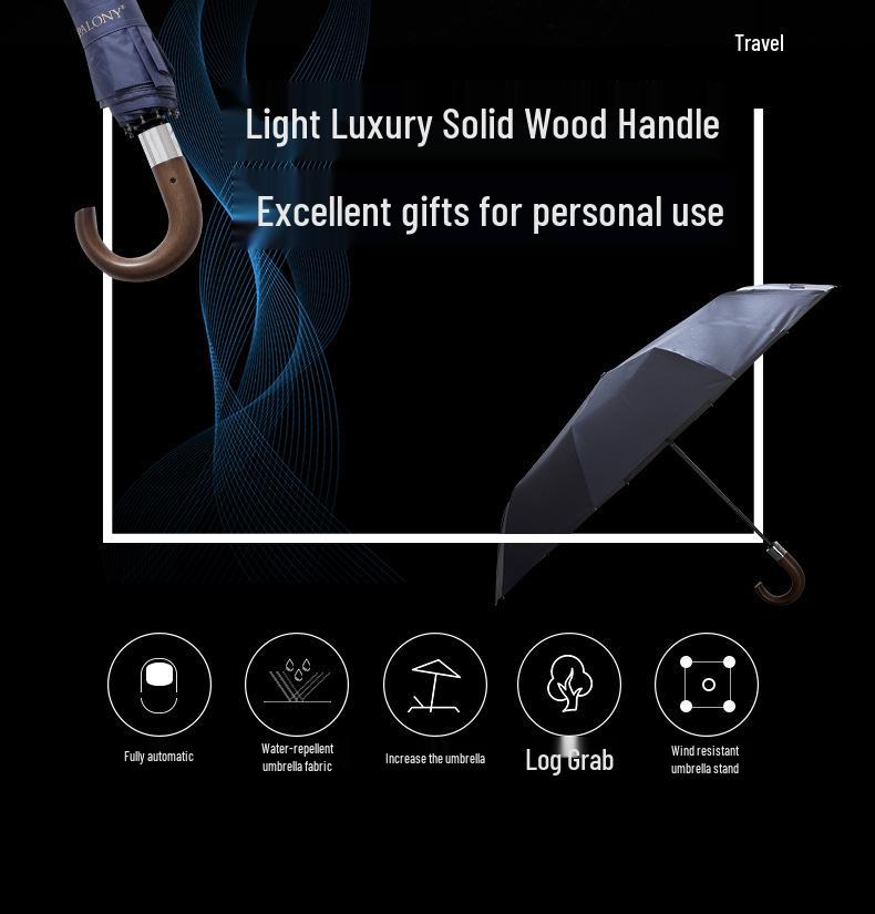 PALONY Solid Wood Handle Windproof Men's Umbrella - Extra Large, Automatic, Sun & Rain Protection, Three-Fold Design