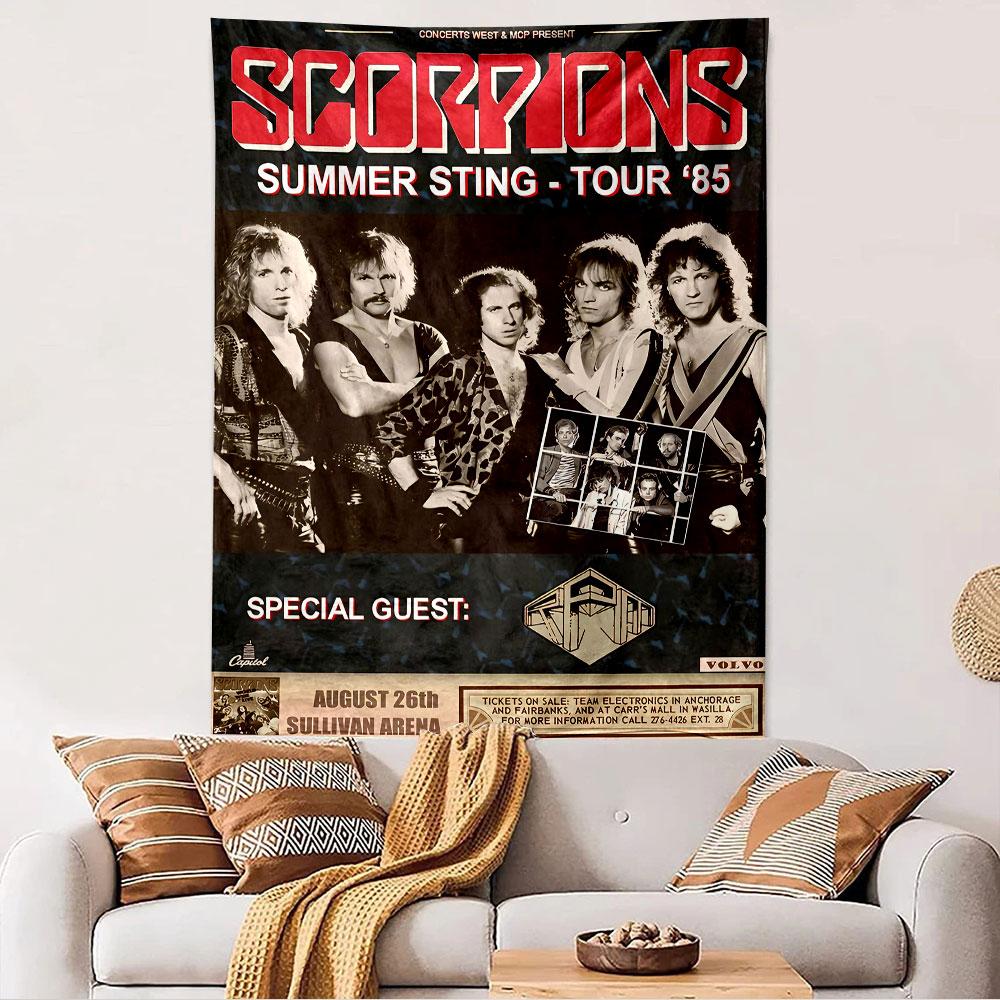 Scorpions Summer Sting Tapestry Wall Hanging, 1985 Tour Concert Poster Art, Retro Wall Decor for Bedroom Living Room Dorm