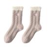 Korean Style Women's Mid-Calf Lace Color Block Wool Socks with Heart Embroidery - Fleece-Lined for Extra Warmth