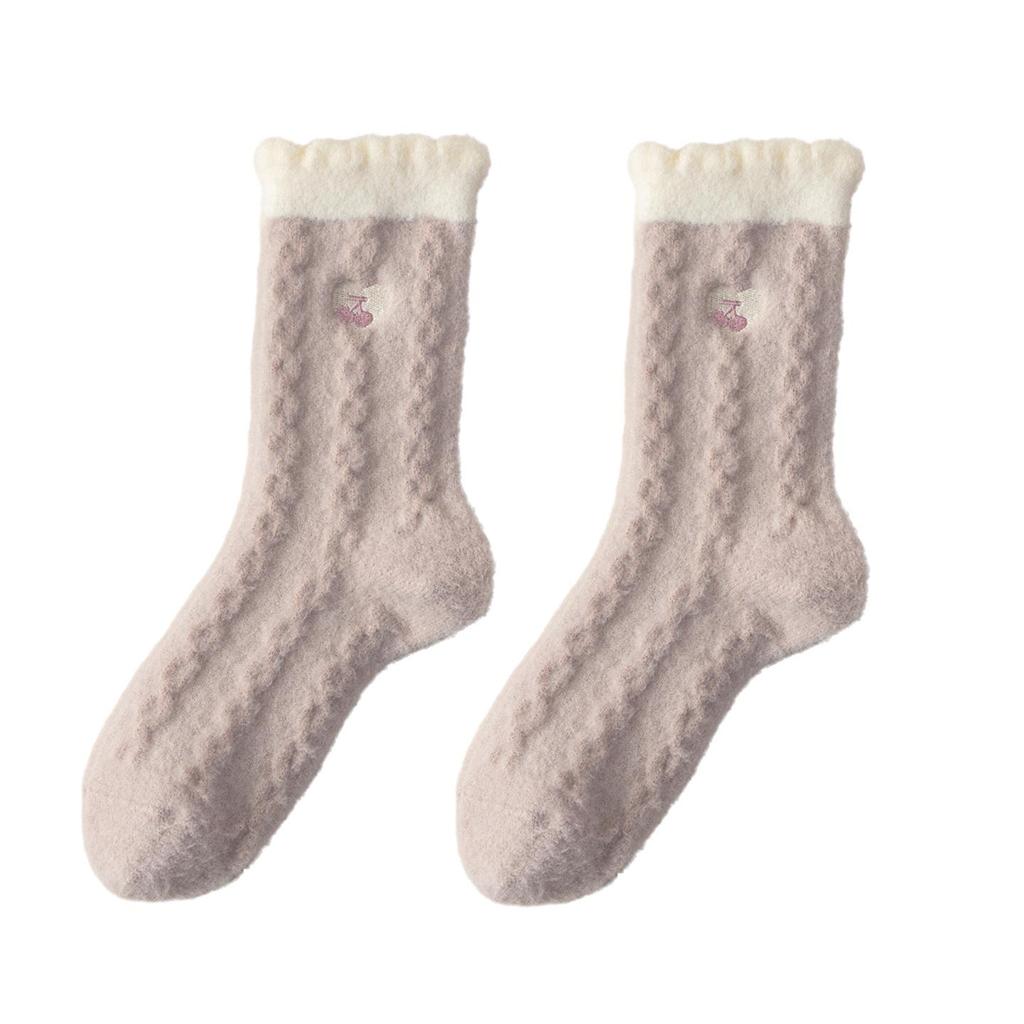 Korean Style Women's Mid-Calf Lace Color Block Wool Socks with Heart Embroidery - Fleece-Lined for Extra Warmth