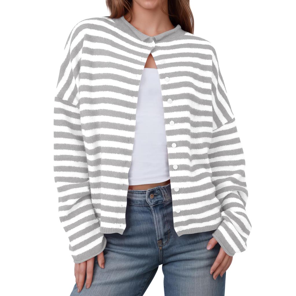 Womens Striped Cardigan Casual Long Sleeve Open Front Button Down Loose Knit