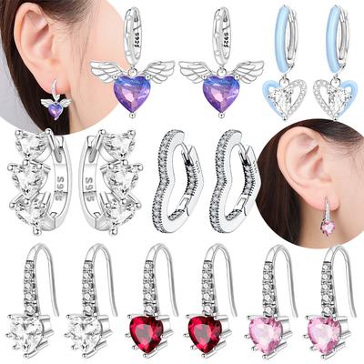 925 Silver White Heart Zircon Earring Pink Heart Wings for Women's Earrings Anniversary Jewelry Delicate Fine Gift