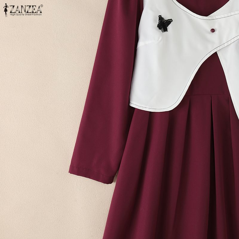 ZANZEA Damen Freizeit Rundhals Langarm Locker Patchwork Langkleid