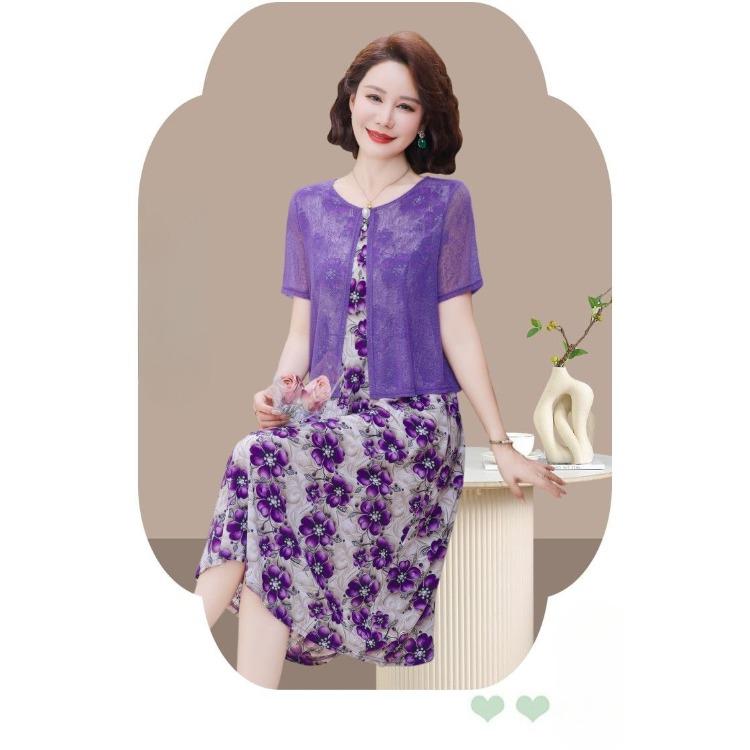 Chic Summer Fake Two Piece Dress for Moms Elegant Slimming and Youthful Mid Age Women Fashion Clothing