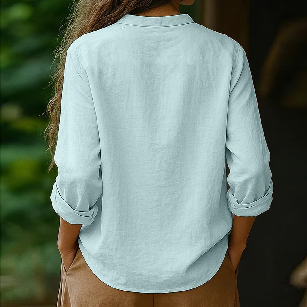 Women's Color Casual V-neck Long Sleeved Pullover Cotton And Linen Top