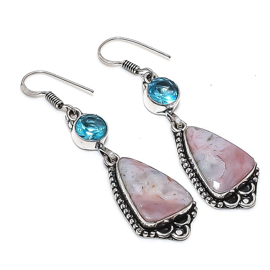 Natural Lake Superior Agate, Topaz 925 Sterling Silver Earring 2.36" S4w43