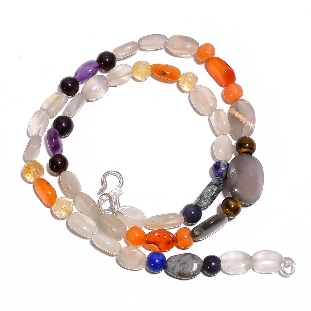 Natural Moonstone Amethyst Carnelian Gemstone Smooth Beads Necklace 17" UB-4624 UB-4624