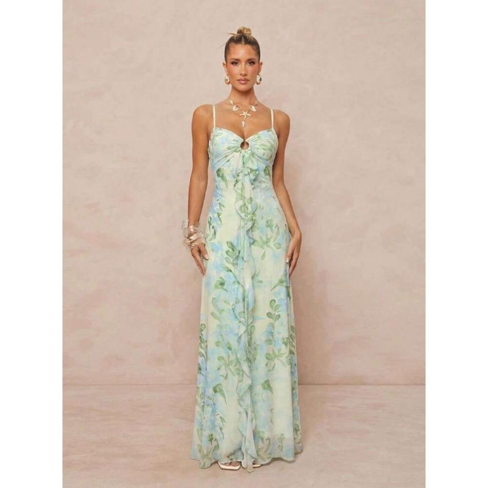 Women s Sweetheart Sleeveless Maxi Dress Slim High Waist Floral Mesh Ruffle Tie Front Bodycon Dress S