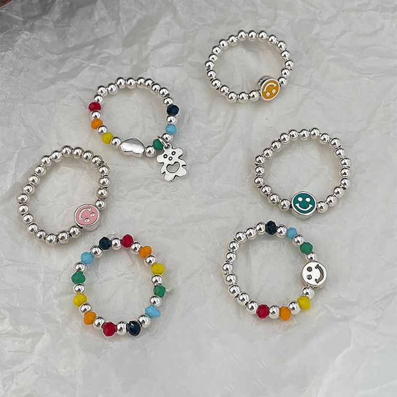 Elegant S925 Silver Smiley Face Charm Ring With Colorful Beads For Trendy Women
