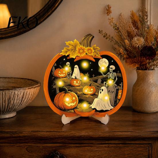 Indoor Holiday Wall Art Halloween Wooden Pumpkin Sign, LED Light Up Ghost Hanging Sign for Outdoor Party Decor Scary Festival Atmosphere Prop