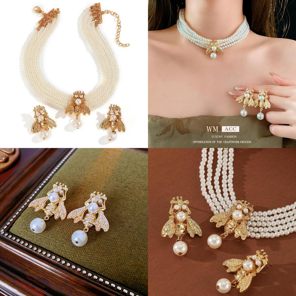 Gold Tier Schmuckset mit kleinem Bienenanhänger und Perlenohrringen für Damen