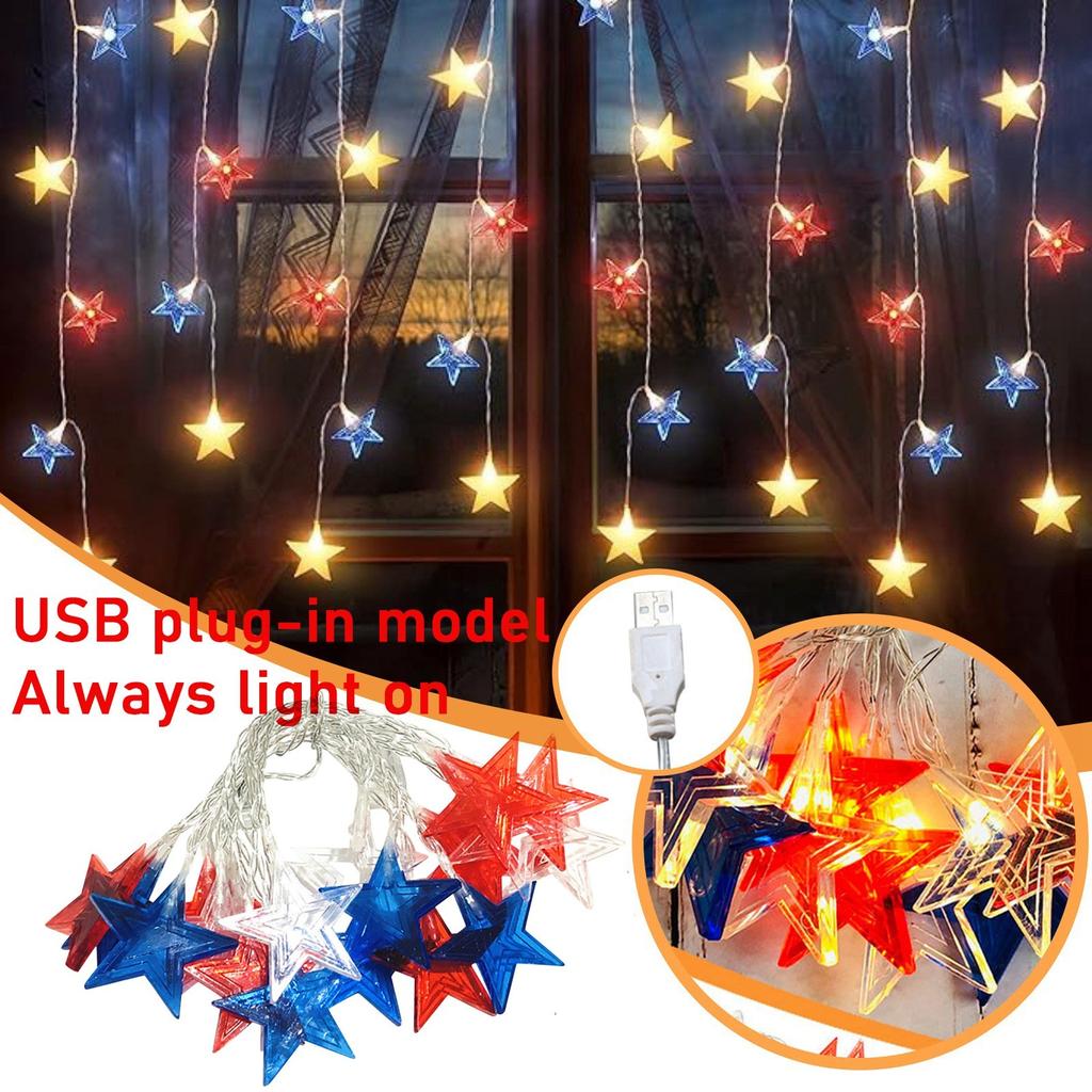 USB Plug-In, Red, White And Blue Three-Color Five-Pointed Star Decorative Lamp LED American Independence Day Light String