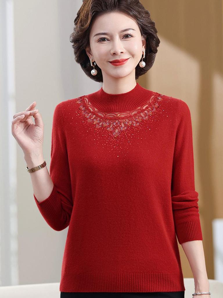 2025 New Style Mid-Neck Pure Wool Sweater with Embroidery for Middle-Aged & Elderly Women – Perfect for Autumn & Winter