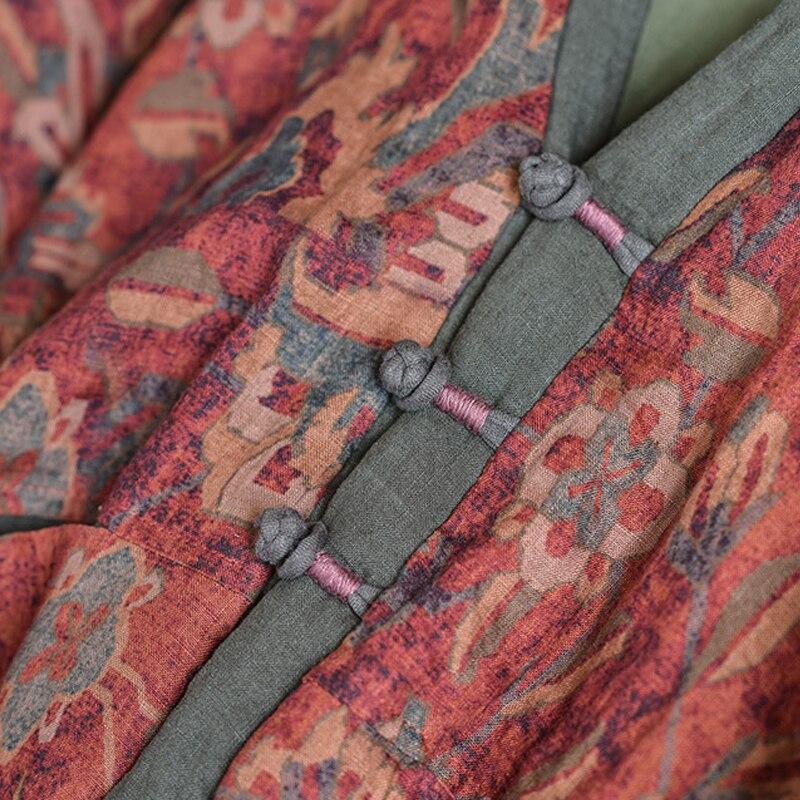 Johnature Women Vintage Linen Parkas V-Neck Print Floral Patchwork Button Coats Winter Chinese Style Women Warm Parkas
