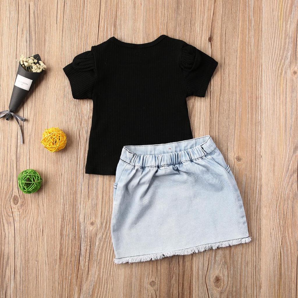 Baby Girl Shirt Dress Suit Skirt Set Short Puff Sleeve Suspender Ruffle