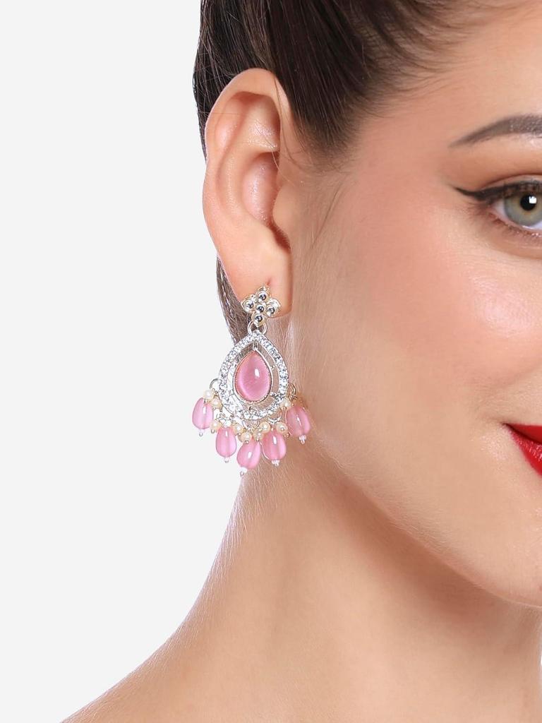 Set of 2 Turquoise Blue & Pink Kundan & Austrian Diamond Traditional Jhumki Earrings for Women -ZPFK16865, One Size, Metal, Artificial Stones & Pearls