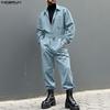 INCERUN Men Lapel Neck Long Sleeve Belt Solid Color Casual Buttons Long Jumpsuits Rompers