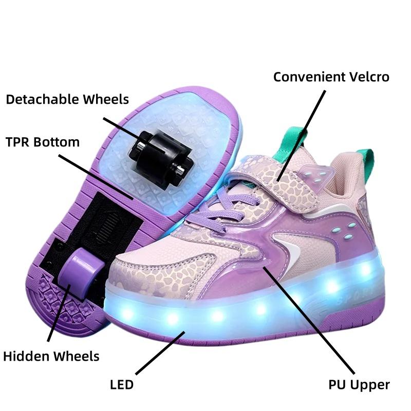 Inline Skate Shoes Pulley Shoes LED Sneaker with 2 Wheels Double Wheel Skate Shoes 2 in 1 Removable Pulley Skate Skating Parkour