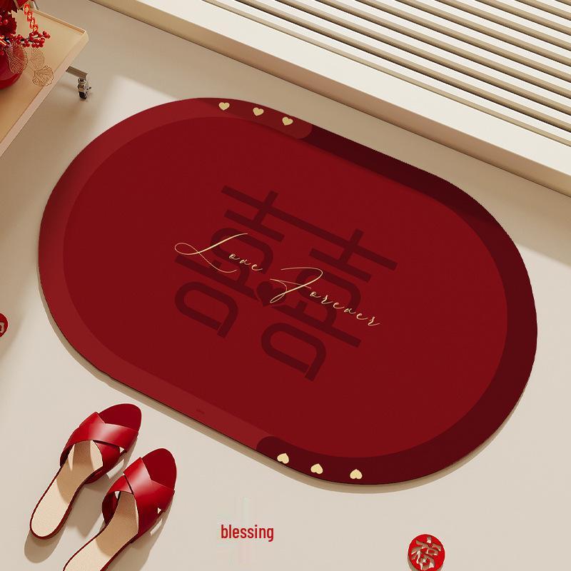 Festive Red Diatomaceous Earth Water-Absorbing Anti-Slip Oval Bathroom Mat