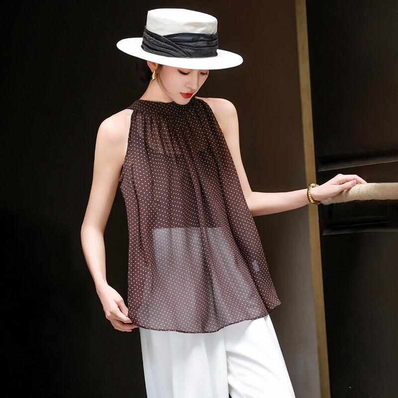 Lanser French Style Polka Dot Sleeveless Chiffon Blouse L