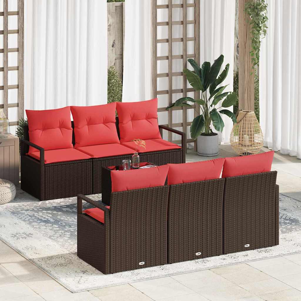 7 Piece Sofa Set with Cushions Brown and Red Poly Rattan