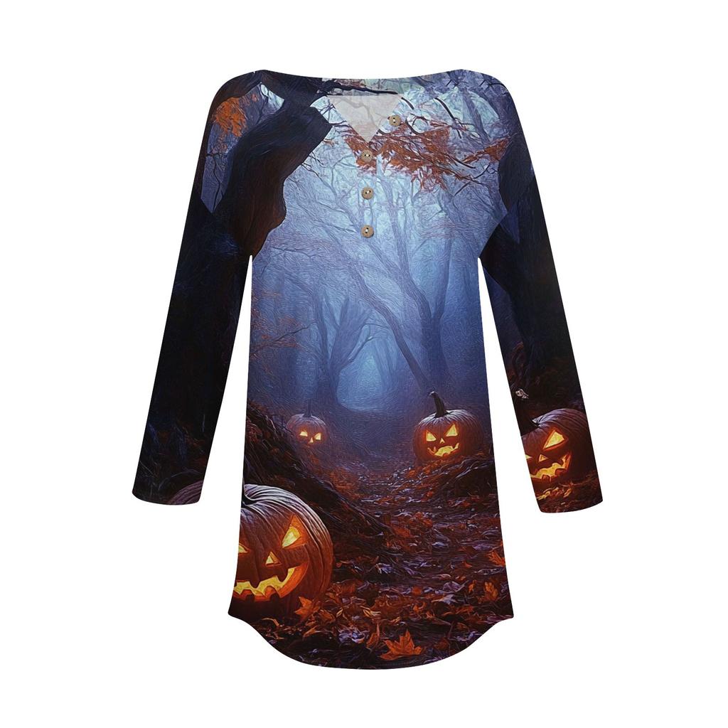 Women's Fashion Loose Button Collar Halloween Print Long Sleeve T-Shirt Top Pullover