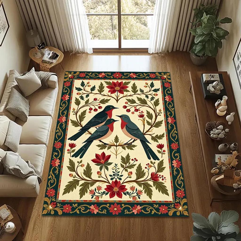 Bohemian Arts Rug,Vintage Inspired Bird and Floral Carpet,Floral Botanical Decor,Elegant Nature Print Floor Mat