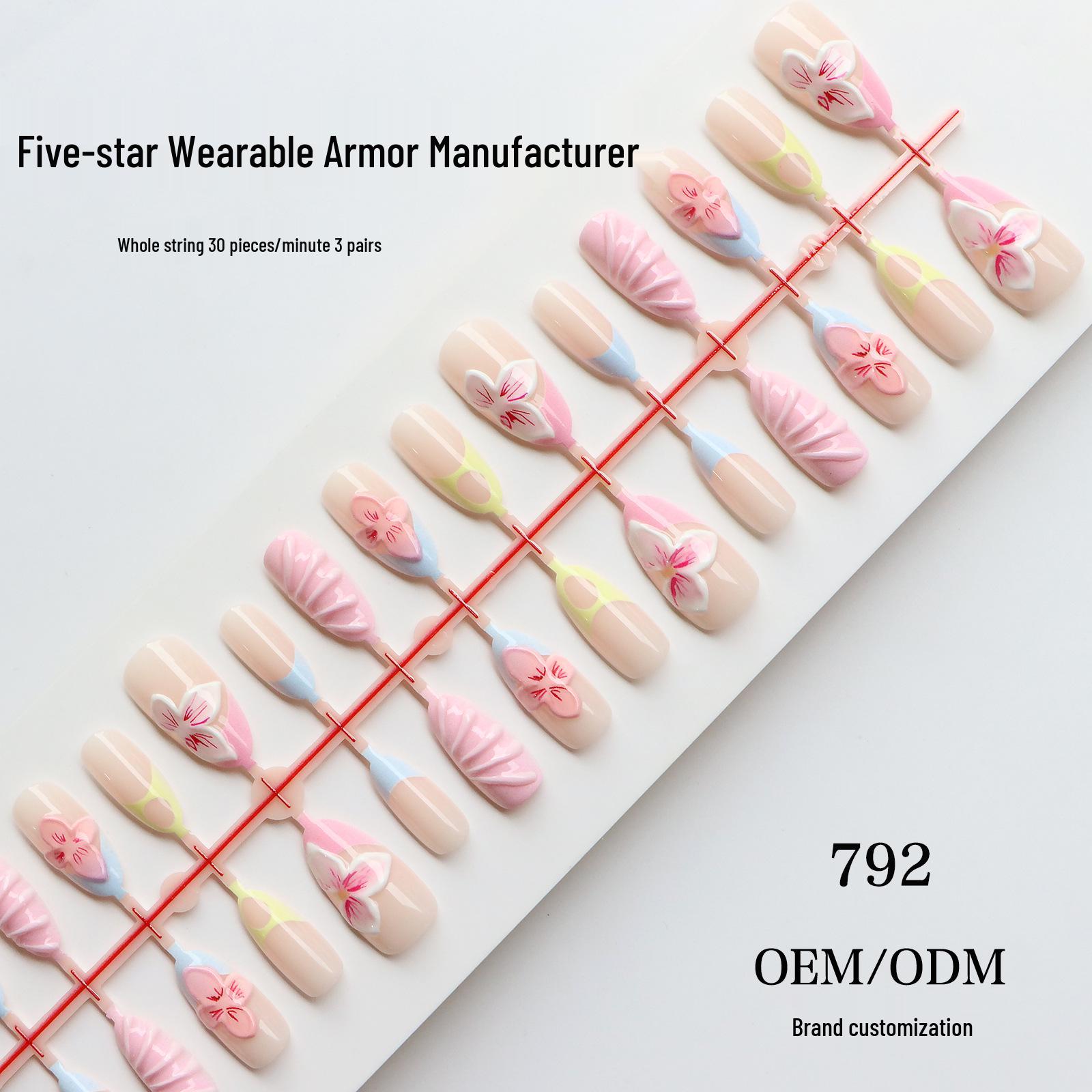 Cross 3D Almond-Shaped Transparent Cat Eye Nails with High-Grade Embossed Cream Flowers and Super Shiny Art Tips.