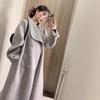 Women Grey Stand Collar Autumn Winter Loose Wool Coat with Double Buttons Clothes