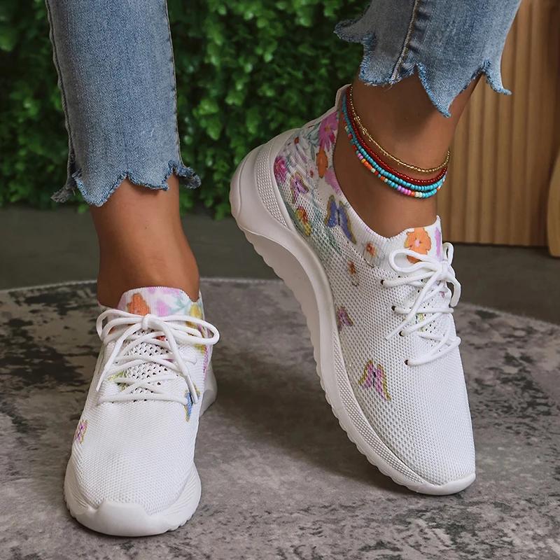 Fashion Women Print Platform Sneakers Spring Autumn Knitting Mesh Tennis Shoes Woman Lightweight Non Slip Casual Walking Shoes