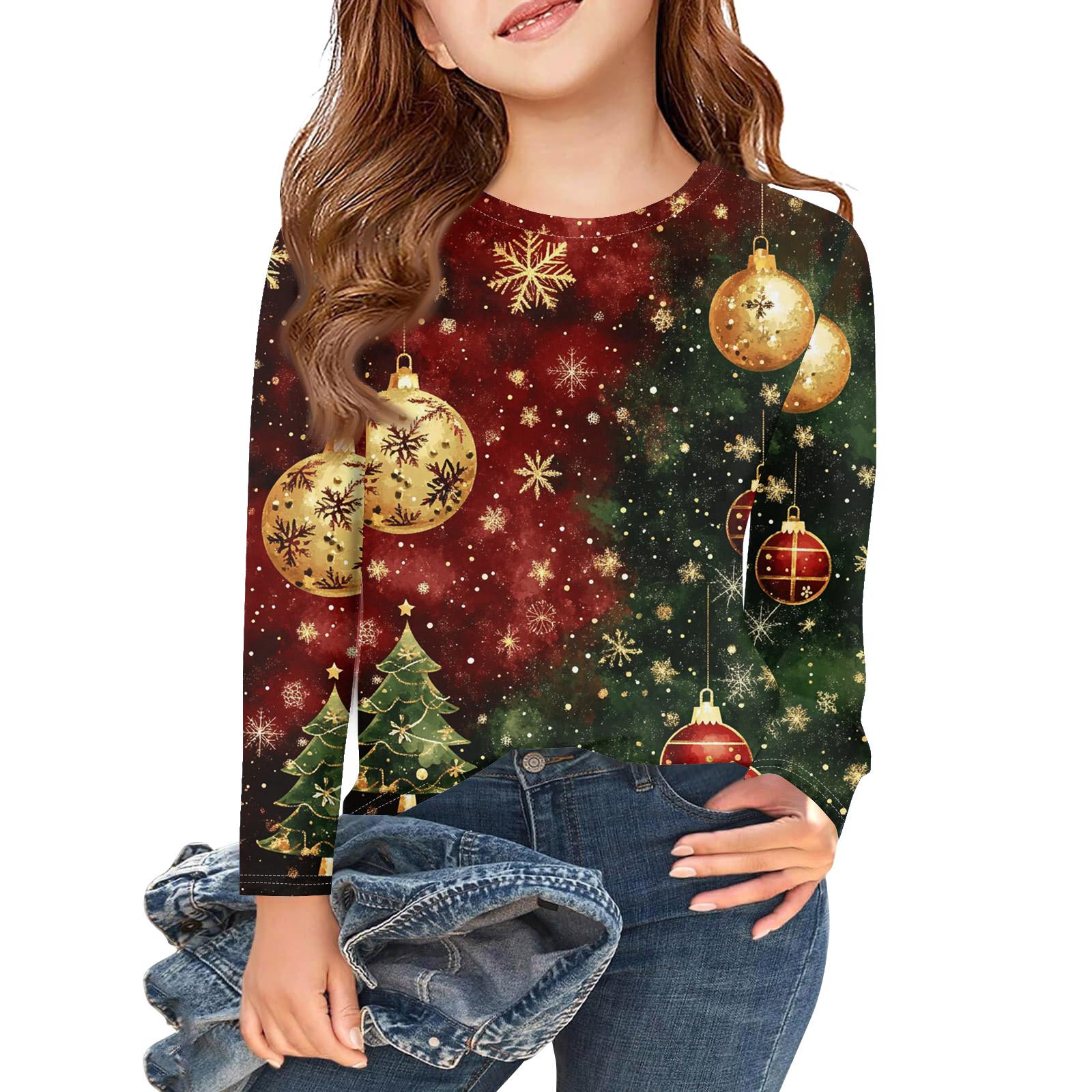 

Рождественские футболки с длинным рукавом для девочек, детские осенние топы с круглым вырезом и принтом, базовые футболки 120