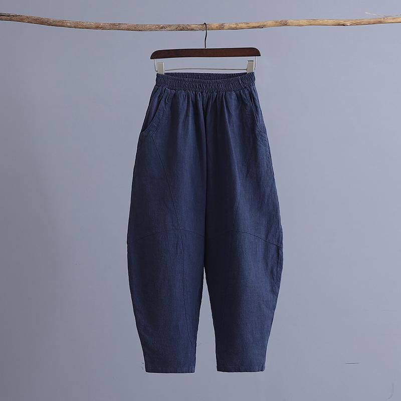 2025 Autumn Women's Plus Size Retro Ramie Yoga Pants - Spliced, Solid Color Zen Meditation Style