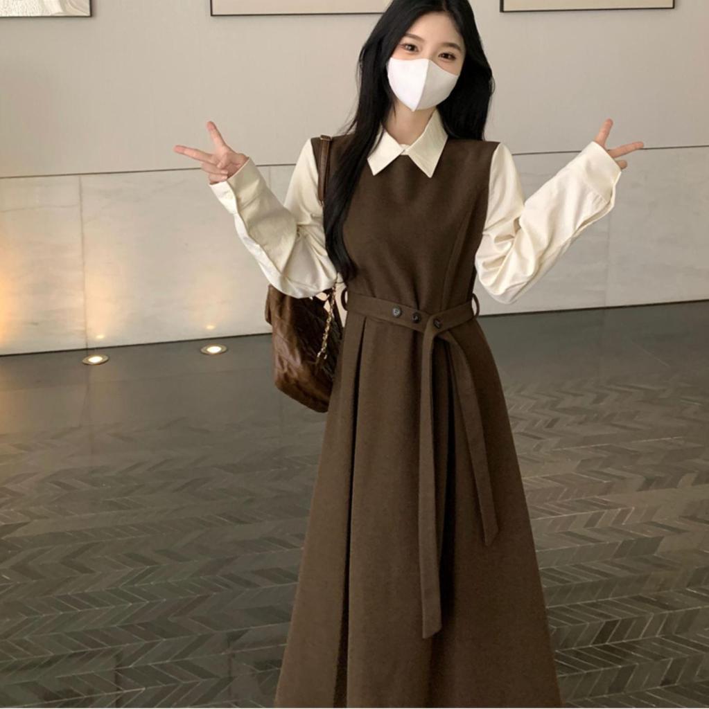 French-Style Two-Piece Long-Sleeve Plus Size Elegant Spring Dress with Waist-Cinched Skirt