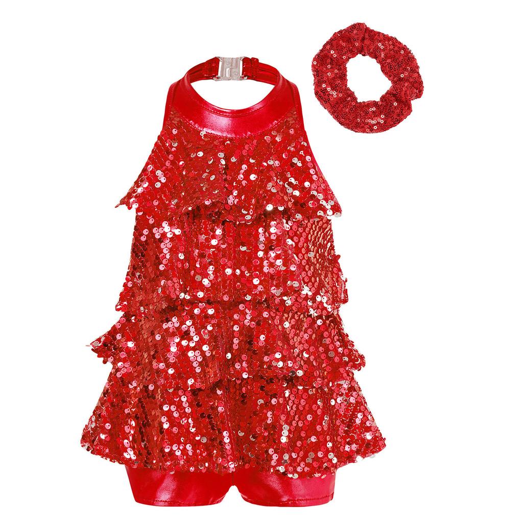Shiny Sequins Halter Leotard for Girls: Backless Design with Hair Tie Headwear for Modern Jazz Latin Dance Costume