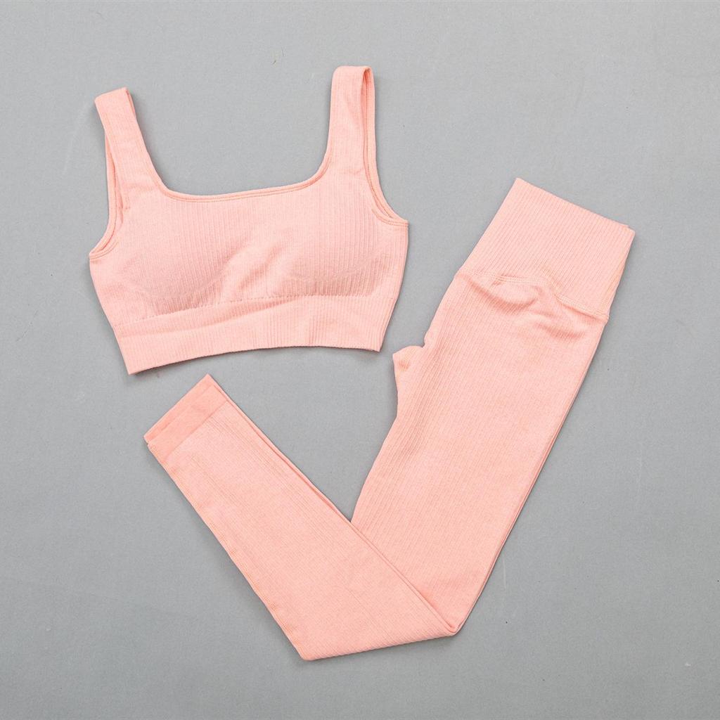 Women's Solid Color Seamless Ribbed Sports Bra and High Elastic Yoga Set
