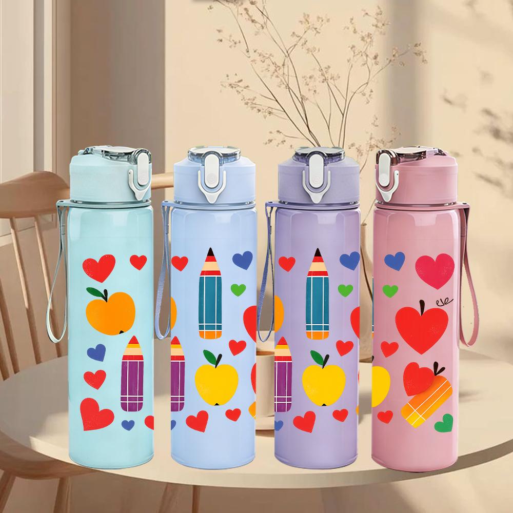 1PC Heart Pencil Fruit Layout 750ml Color Plastic Sports Water Bottle Leakproof Flip Straw Lid For Sports Office Home Use