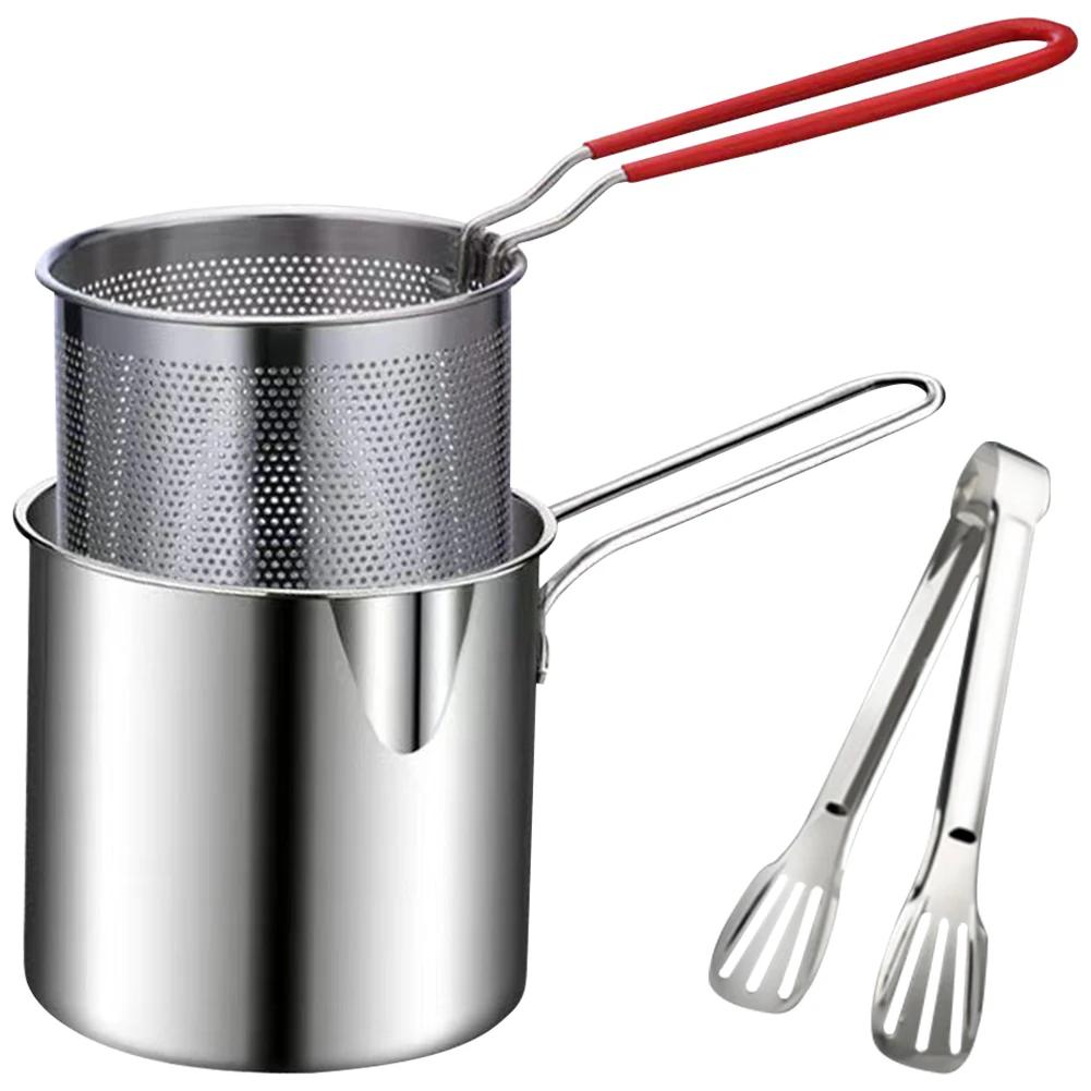 Kitchen Fryer with Strainer & Food Tongs Stainless Steel Tempura Small Deep Frying Pan Deep Fryer Pot for Kitchen Fried Chicken
