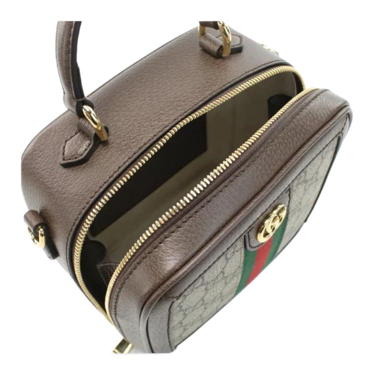 Gucci Ophidia GG Mini Top Handle Vanity Case Beige Canvas Brown Leather Red Green Web Gold Hardware 772157-96IWG-8745