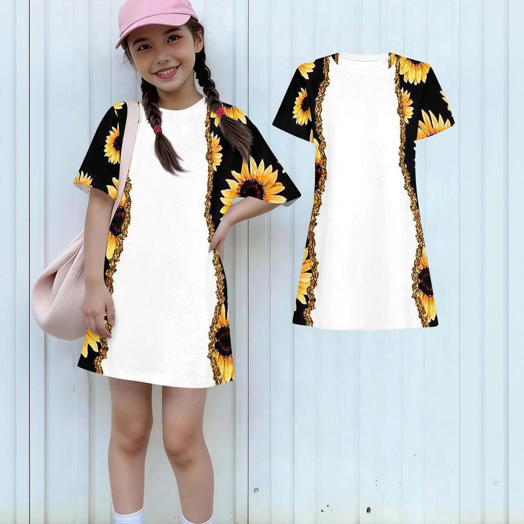 Girls Print Casual Dress Kids Loose Round Neck Short Sleeve Thin Sundress