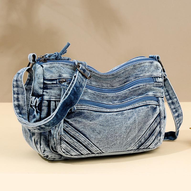 Women's Retro Washed Denim Multi-Pocket Crossbody and Backpack - Casual Niche Design