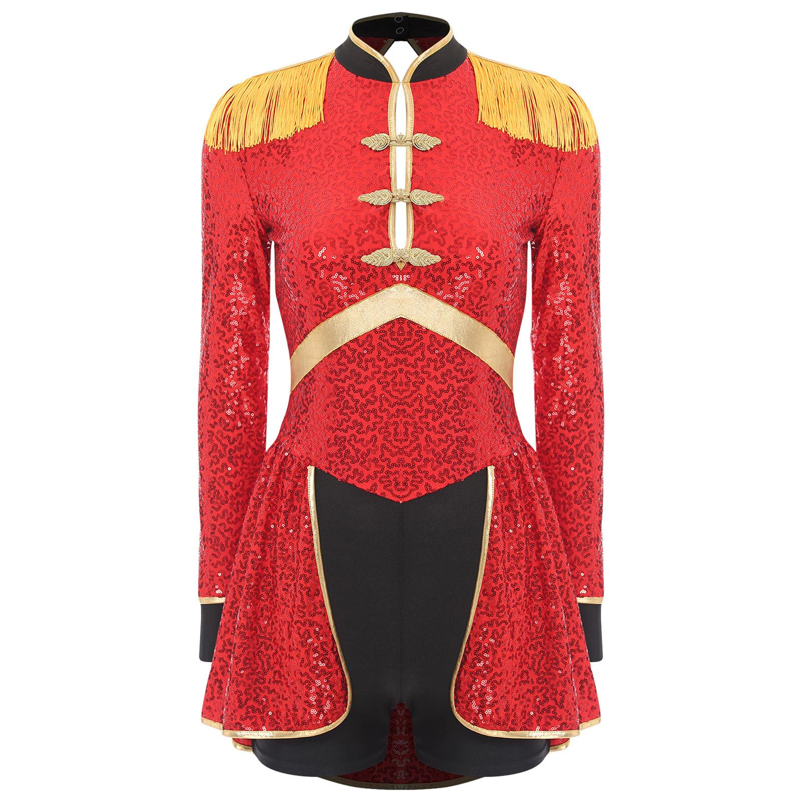 

Женский сверкающий костюм конферансье, боди с бахромой и эполетами для карнавальных выступлений, тематических вечеринок S красный