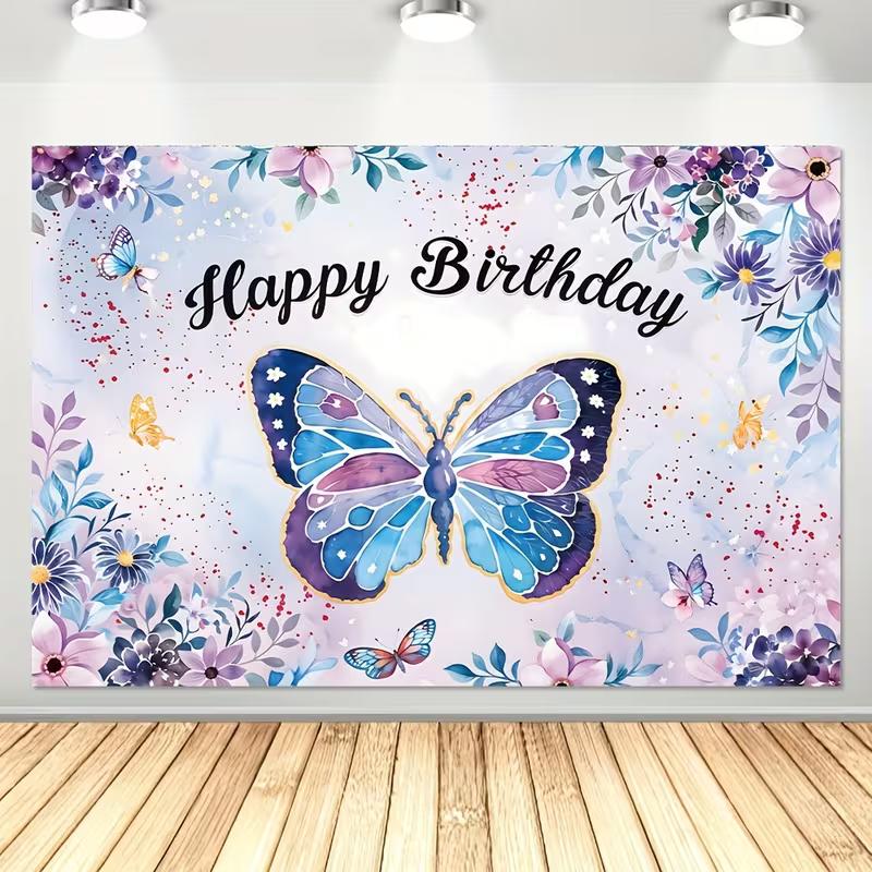 

2D Flat Pastel Birthday Backdrop Happy Birthday Butterfly Themed Background Cloth 47.2x31.5inch/120*80cm