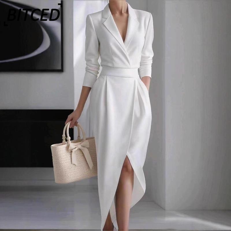 BITCED Women's Fashion Autumn Winter Solid Color Print V-Neck Long Sleeve Casual Dresses