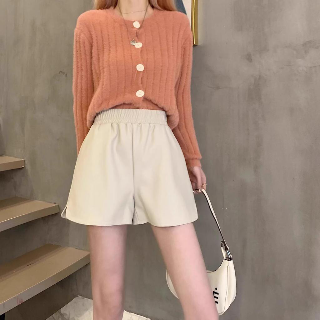 Women's High-Waisted PU Leather A-Line Shorts - Winter 2024, Versatile Wide-Leg Bootcut Pants