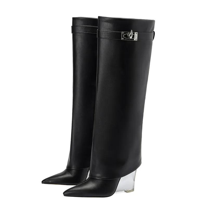 Fashion New Crystal Slope Belt Buckle Decorative Skirts Boots Fashion High Heels Black Red Size 34-43 Knee High Boots Winter Women Shoes